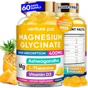 60 Day Dodávka Glycinát hořčíku 400mg gumové s Ashwagandha, L-Theanine, CoQ10, Vitamin D3 & B6, Bez hořčíku gumy pro dospělé a děti, Stress Relief, Spánek & klid, Vegan, Gluten zdarma