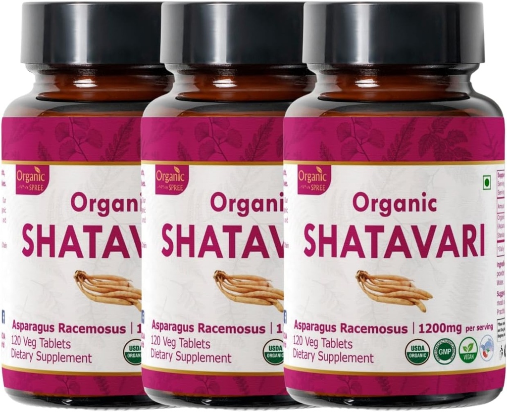 Shatavari 120 Tablety CLAS124; Chřest Racemosus (Shatavari) CLAS124; USDA Organic Certified CLAS124; Podporuje ženské zdraví a imunitní systém CLAS124; Dietní dodatek 120tab - Balení 3