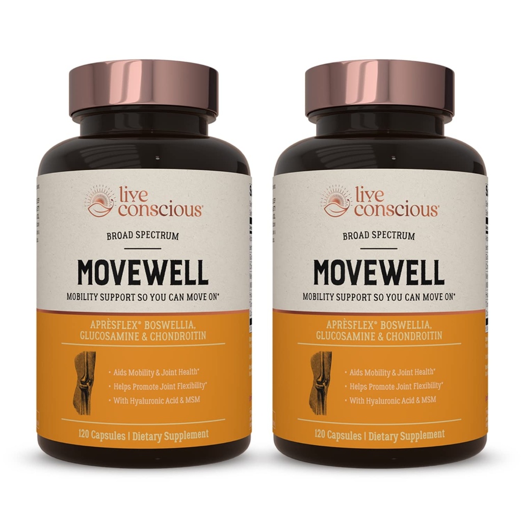 MoveWell by LiveConscious Glucosamine Chondroitin with MSM, Hyaluronic Acid, and More124; Joint Health Supplement (2-Pack)