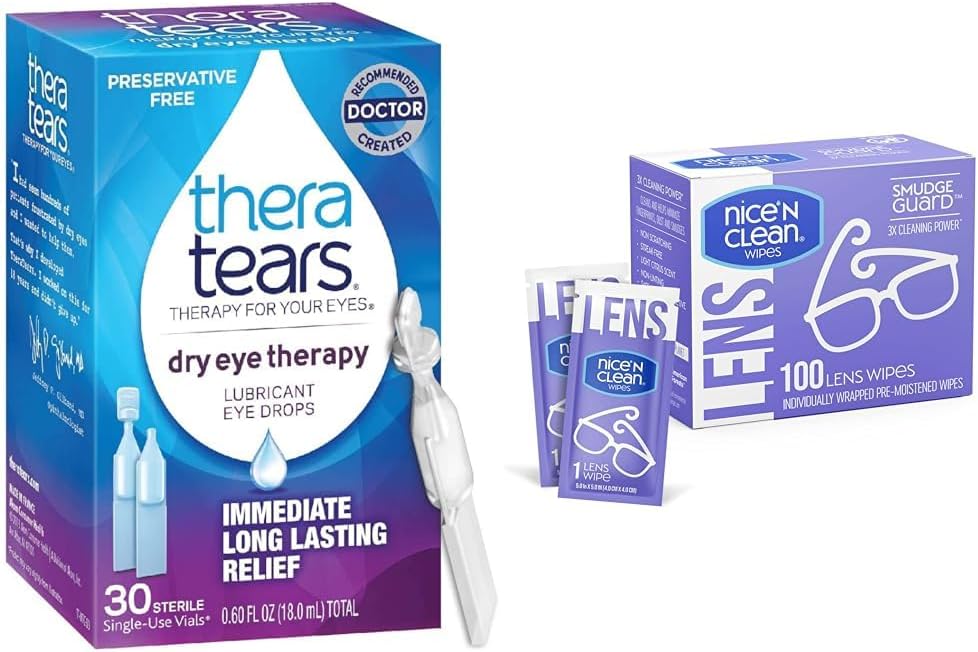 TeraTears Dry Oční terapie Lubrikantní oční kapky, Konzervační zdarma, 30 Lahvičky & Nice 'N Clean SmudgeGuard Lens Čištění Wipes, 100 Wipes