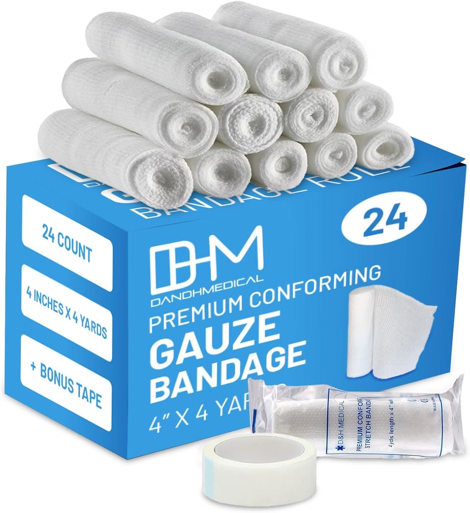 D & H Medical Pack of 24 Gauze Bandage Roll 4 Inches x 4 Yards - Medical Gauze Wrap for Wounds Care - Easy to Use Cotton Gauze Rolls for Hand Wrap Dressing Ankles & Knees