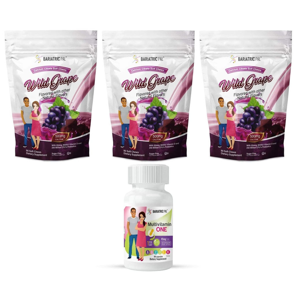BariatricPal 90- Day Bariatric Vitamin Bundle (Multivitamin ONE 1 za den! Tobolka s 45 mg železa a vápníku Citrate Soft Chews 500 mg s probiotiky - Wild Grape)