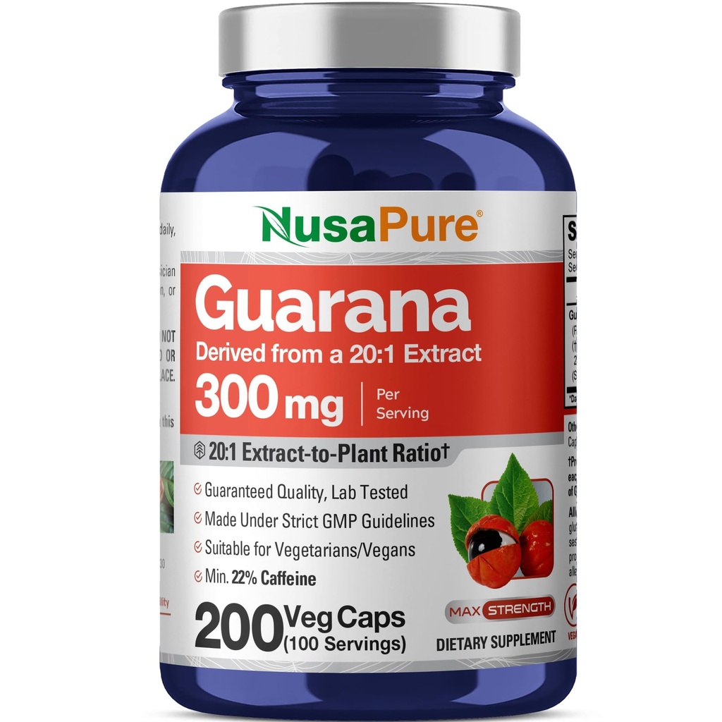 NusaPure Guarana Extract 20: 1 Extract, 300 mg Ekvivalentní s 6000 mg na Veggie Caps 200 Počet (Non- GMO, Vegan)