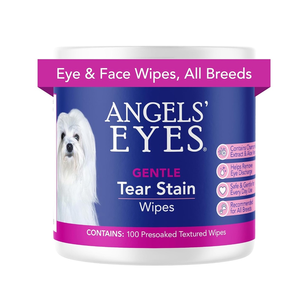 ANGELS 'EYES Gentle Tear Stain & Pet Eye Wipes for All Dogs & Cats Textured Grooming Wipes Odstranit vypouštění & Mucus, Snižte Tear Stenes, Hypoalergenní s Aloe & Hemomile, 100ct
