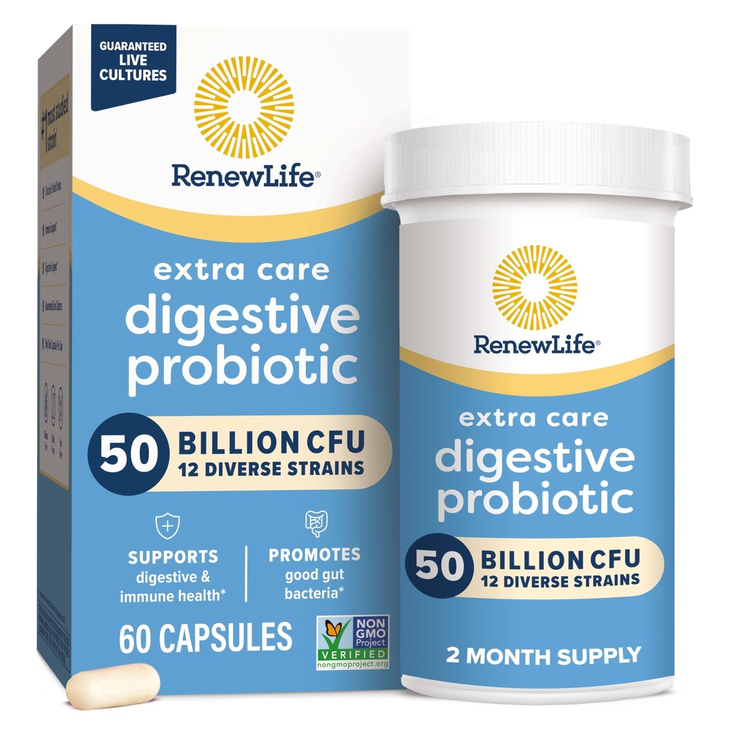 Reew Life Extra Care Stravovací Probiotické kapsle, 50 Miliardy CFU Garantované, Denní dodatek podporuje imunitní, stravovací, Respirační zdraví (1), L. Rhamnosus GG, mlékárenské, Soy a gluten- Free, 60 Počet