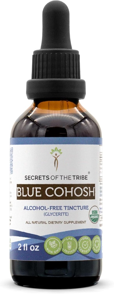 Tajemství kmene Blue Cohosh USDA Organic Alcohol- Free Tinkture (Glycerite) Responsible farming Blue Cohosh (Caulofyllum Thalictroides) Sušený kořenový (2 Fl Oz) Ženský doplněk zdraví
