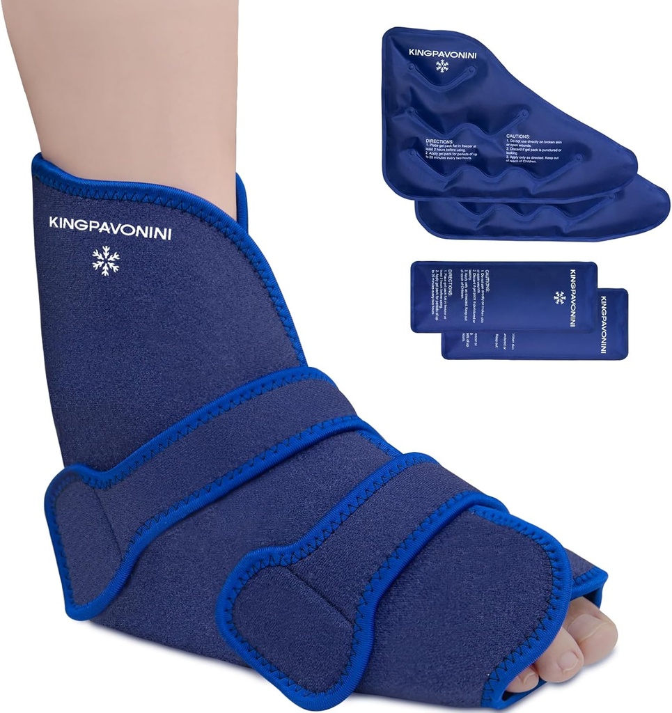 KingPavonini Ankle Foot Ice Pack Wrap for Spreed Ankle and Surgery Recovery, opakovaně použitelné gelové ledové balíčky pro zranění nohou, Plantar Fasciitis, Achilles Tendonitis, Hot / Cold Therapy (1 Wrap + 4 Gel Packs)