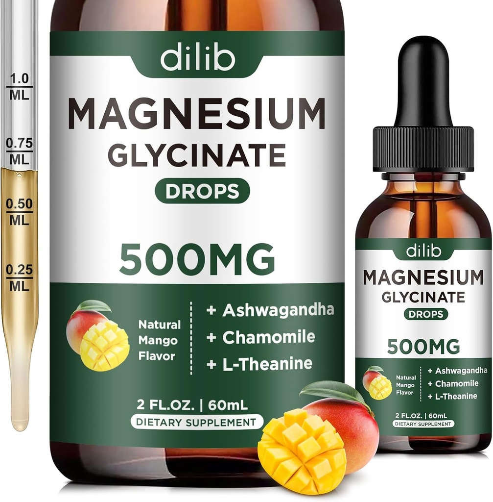 Hořčík Glycinát dodatek, Hořčík Tekuté Kapky s hořčíkem Glycinát 500 mg Ashwagandha, L - Theanin, Heřmánek -Podpora Stress Relief, kosti, svalovina, Mood Vegan přírodní Mango Flavor