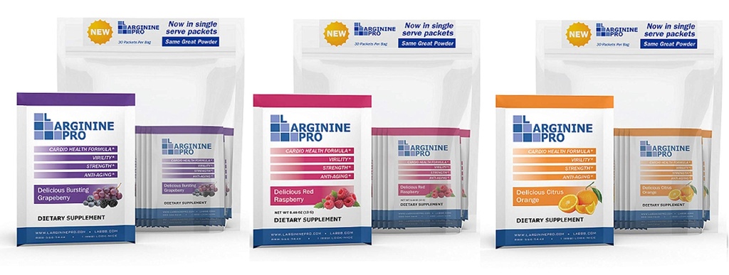 L-ARGINININE PRO dodatek Prášek 124; 90 Packets Single Serve Travel Size 124; 5,500mg L-argininu Plus 1,100mg L-Citruline, Maliny, Orange & Grape