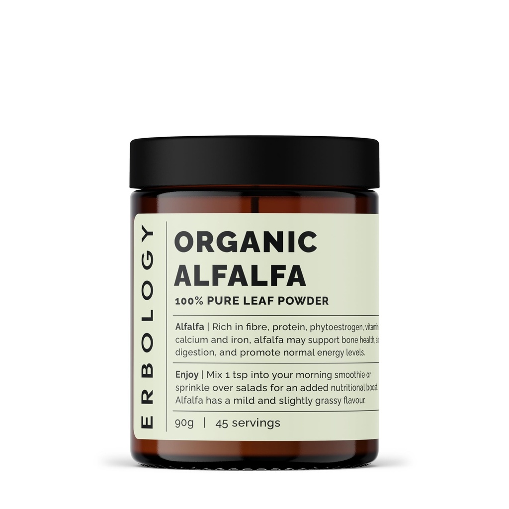 Erbology Organic Alfalfa Powder 3.2 oz - 45 Servings - Podporuje zdraví kostí a gut - Bohaté na vitamín A, vápník a železo - Udržitelně sourced Straight from Farm - Small Batch - Vegan - GMO-free