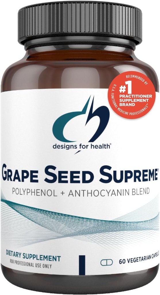 Designs for Health Grape Seed Supreme - 200mg Grapeseed Extract Supplement with Grape Skin + Muscadin Grape - Non- GMO Polyfenol + Anthocyanin Antioxidant Blend (60 Kapsle)
