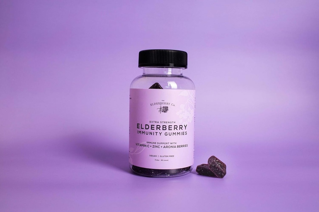 Elderberry Co. Extra síla Elderberry Gummies + Aronia Berries s vitamíny C, D, E a zinek pro All- Natural Imunitation Support, Žádné umělé přísady (60 Počet)