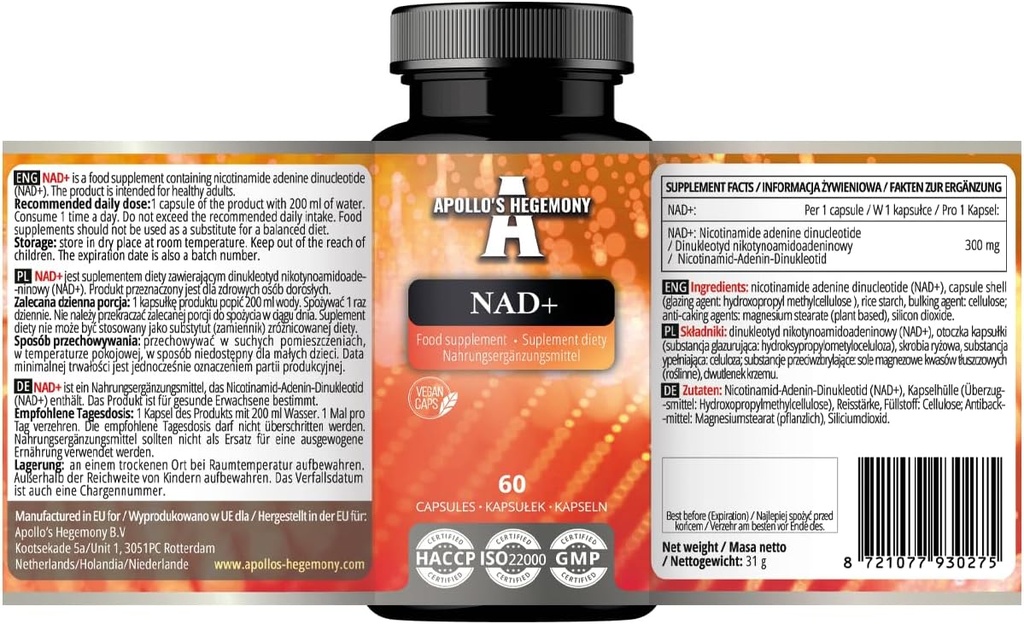 APOLLO 'S HEGEMONY NAD + 300 mg - Koenzymatická forma vitaminu B3-60 Vegan Kapsle - 2 měsíce Dodávka - Nicotinamid Adenine Dinucleotide Diet Dodatek