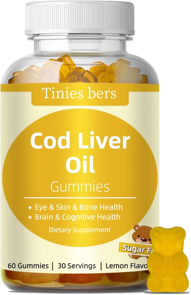 Cod Jaterní olej Gummies 1000mg, Cukr zdarma pro dospělé a děti, Omega-3s & Vitamin A & D pro mozek, kognitivní, srdce & oko, zdraví kostí, gluten zdarma, non GMO, Pectin, 60