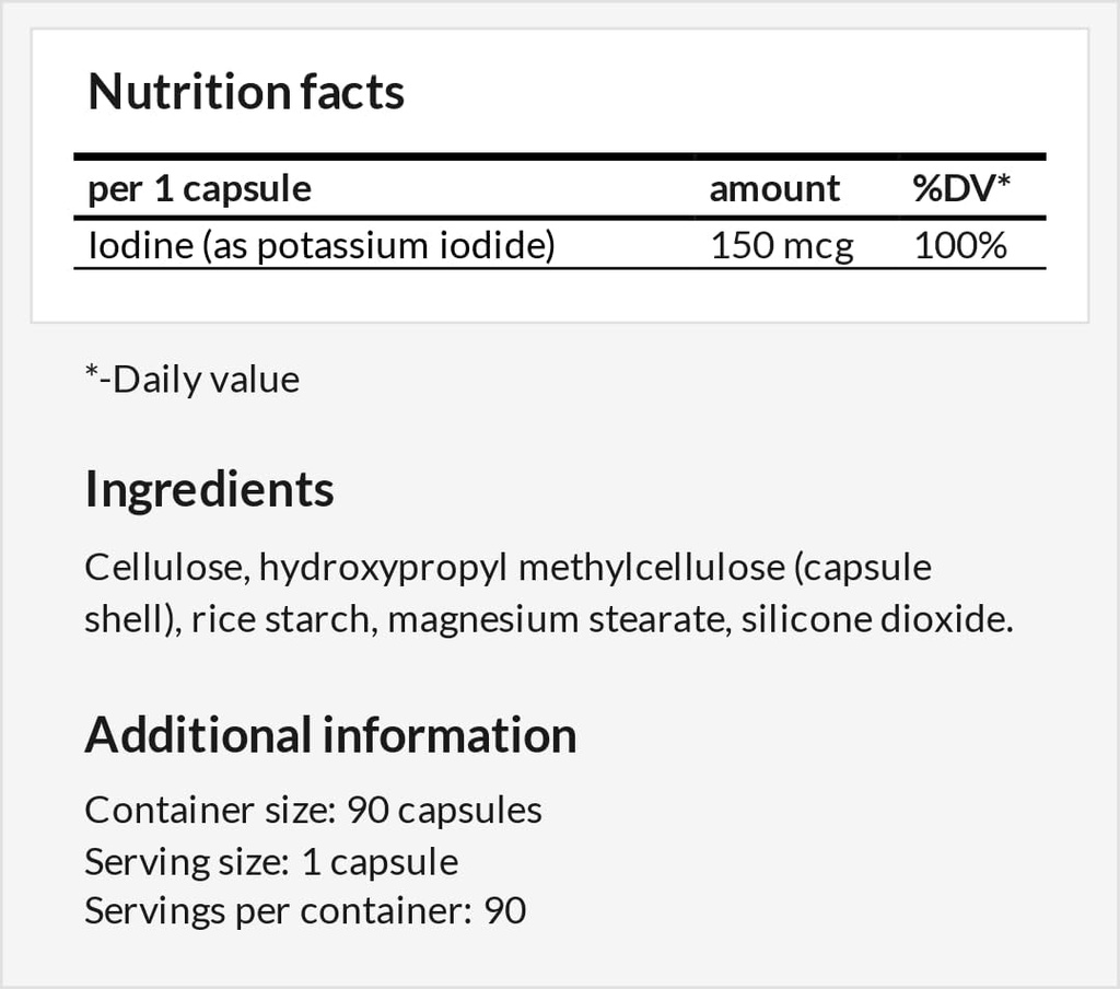Iodid draselný 150 mcg na kapslí - 90 Veganských kapslí - 3 měsíce Dodávka - pro optimální gland funkce a energetický metabolismus - dodatek stravy Apollo Hegemonie
