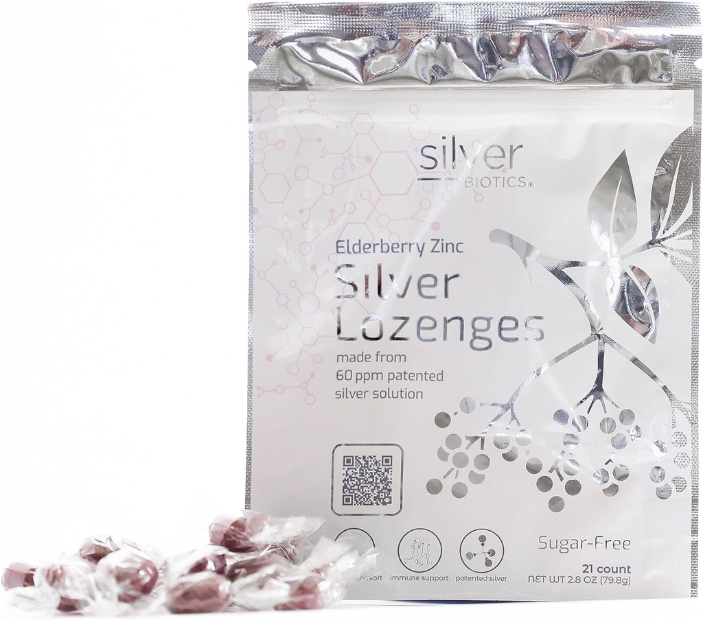 Silver Biotics Sugar- Free Koloidní Silver Lozenges CLAS124; 60 ppm SilverSol CLAS124; Imunitní podpora + Krční mýdlo Comfort CLAS124; Elderberry Zinek CLAS124; 21 Počet