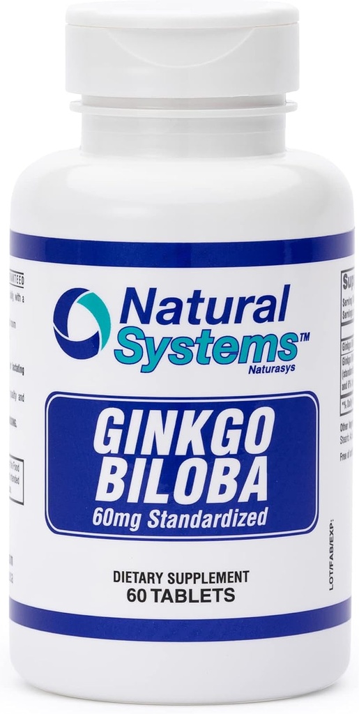 Ginkgo Biloba 60 mg podle Natural Systems 60 Tablet - Gingko Biloba Powder Brain Supplement - Ginkgo Biloba Koncentrační doplňky - Paměťové vitamíny pro muže a ženy - Zvýšení energetické doplňky