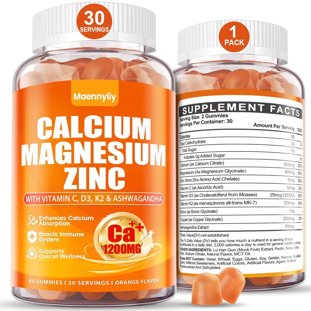 Vápník 1200 mg s vitaminem D3 Gummie pro dospělé - Citrát vápenatý s vitaminem D3 K2, hořčík, zinek, boron, měď a Ashwagandha - Extra absorpce doplněk vápníku pro ženy