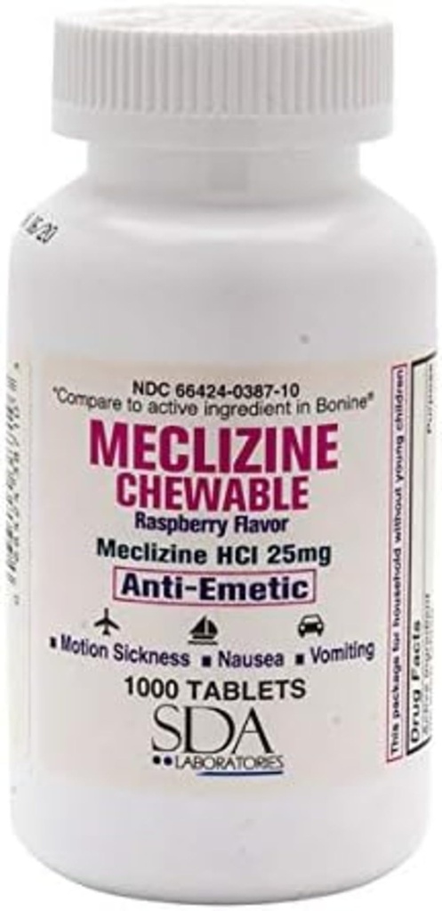 SDA LABORATORIE Meklizin Žvýkací tablety, 25 mg, Anti- Emetické, Malina Flavor, Motion Nemoc & Vertigo Relief pro nausea, Závratě a zvracení, 1000 Počet (1 balení)