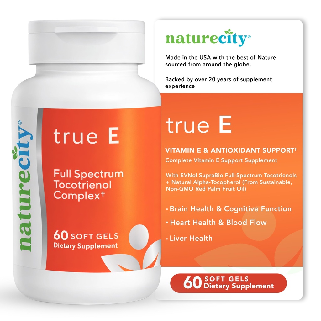 NatureCity True-E Full Spectrum Tocotrienols Vitamin E & Natural Alpha Tocopherol Supplementary 124; Udržitelný vitamin E Tocotrienols z Evnol Suprabio Suprabio 124; Non- GMO Vitamin E Complex 124; 60 Soft gels