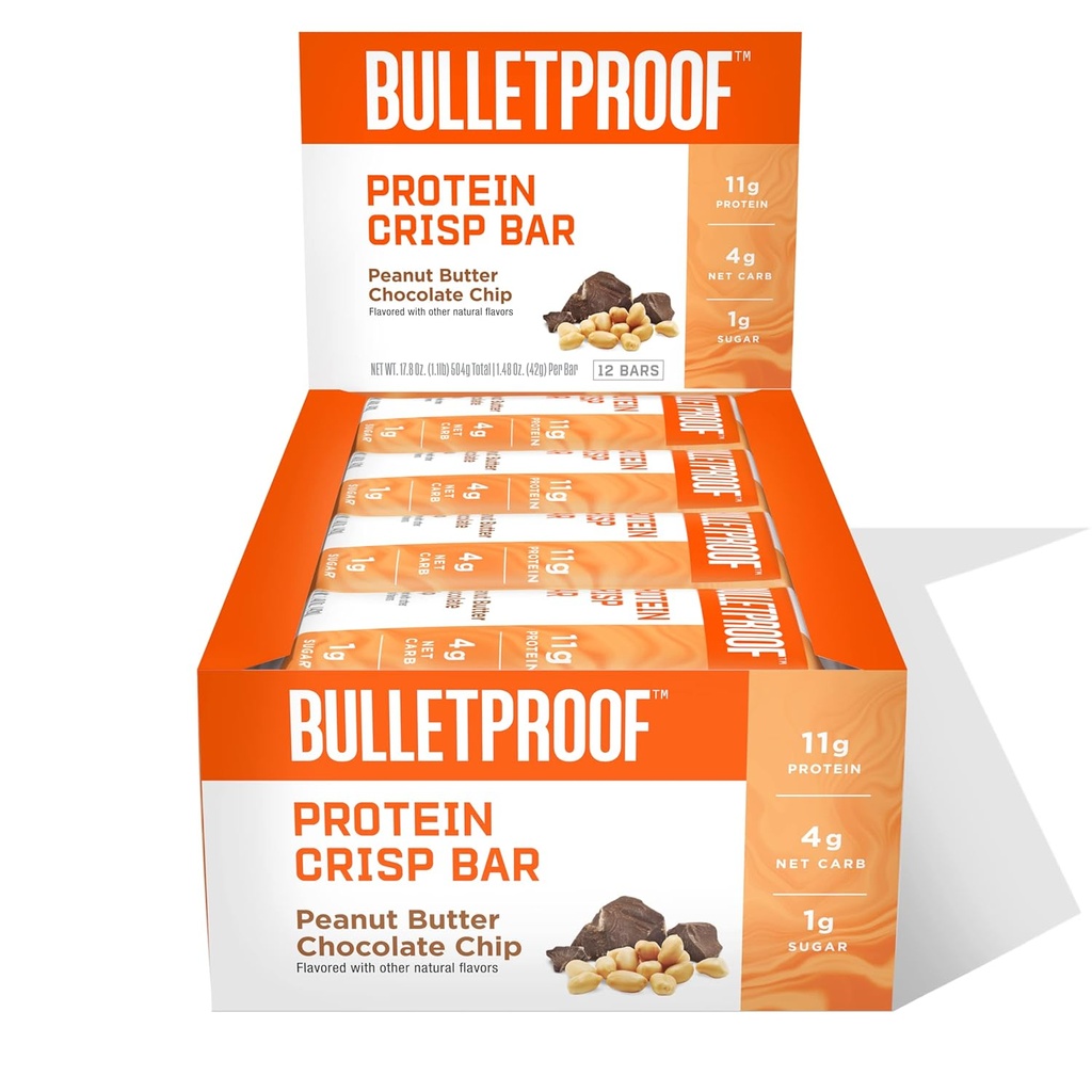 Neprůstřelný protein crisp tyčinky, arašídové máslo čokoládový čip, 12 balení, vysoký protein, nízký cukr