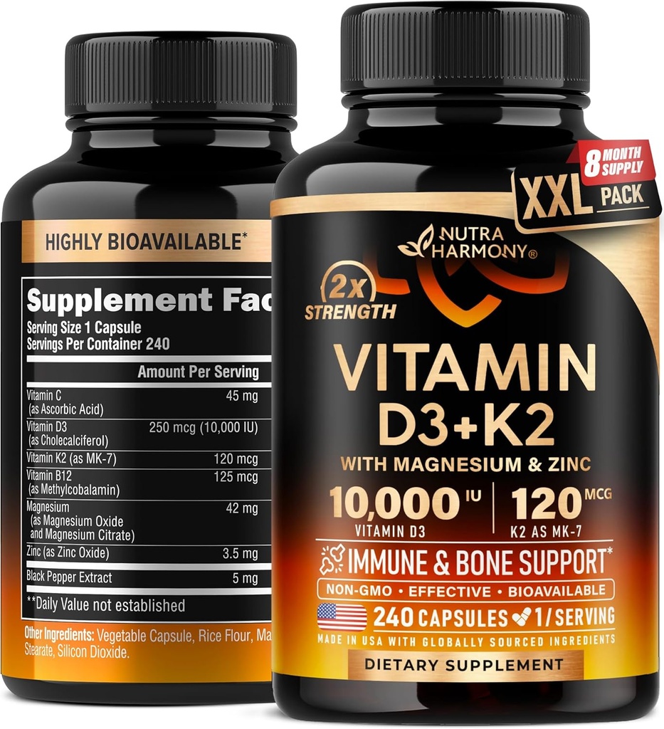 Vitamin D3 K2 - Vitamin D3 10000 iu & K2 jako MK-7 120 mcg - Imunitní a náladová podpora, pro zdraví kostí a zubů - s hořčík, zinek a vitamin C & B12 - Vysoce biologicky dostupné - Made in USA, 240 Kapsle
