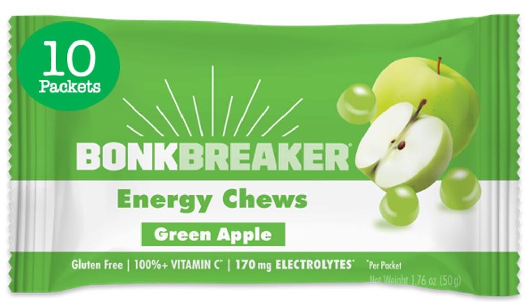 Bonk Breaker Energy Chews, Dairy-Free, Gluten- Free ingredience k poskytování rychlé energie a zaměření, 1 box 10 Packets, zelené jablko