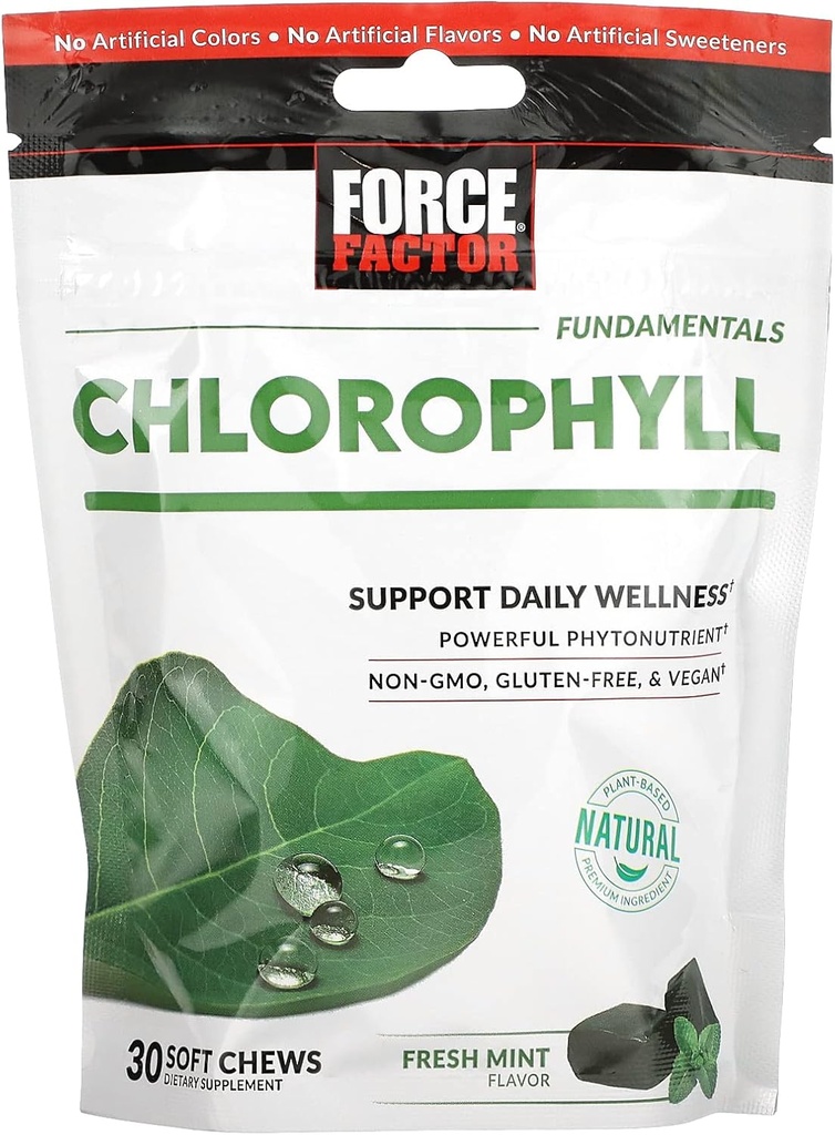 FORCE FACTOR Chlorofyl Měkké Chews Antioxidanty Doplněk ke snížení tělesného zápachu, Podpora čerstvého dechu, Non- GMO, gluten- Free, a Vegan, Fresh Mint Flavor, 30 Měkké Chews, Zelená