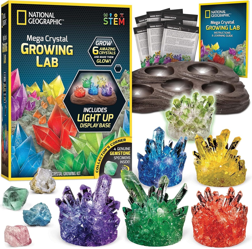 National Geographic Mega Crystal Growing Kit - Grow 6 Crystals with Light- Up Stand, Science Gifts for Kids 8-12