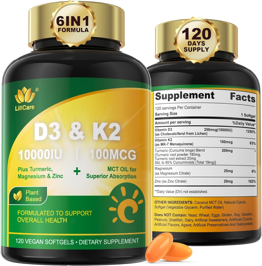 Vitamin D3 10000 IU Plus K2 (MK- 7) 100mcg, Vegan Vitamin D3 K2 s kurkumou, hořčík a zinek pro absorpci vápníku, kostní a imunitní zdraví, Kokosový olej pro vysokou absorpci, Snadno spolknout, 120 Cts