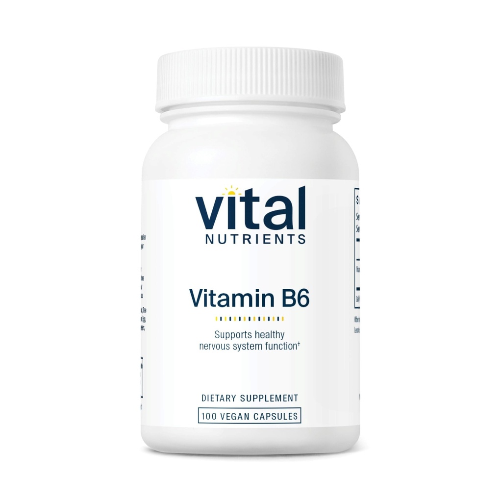 Vitální živiny Vitamin B6 IDE124; Vegan Metylované B6 Vitaminy pro nervový systém, Svalovina, zdraví kostí * IDE124; High- potency Vitamin B6 pro menstruační discomform * IDE124; Gluten, Mléčné mléko, Soy Free IDE124; 100 Kapsle