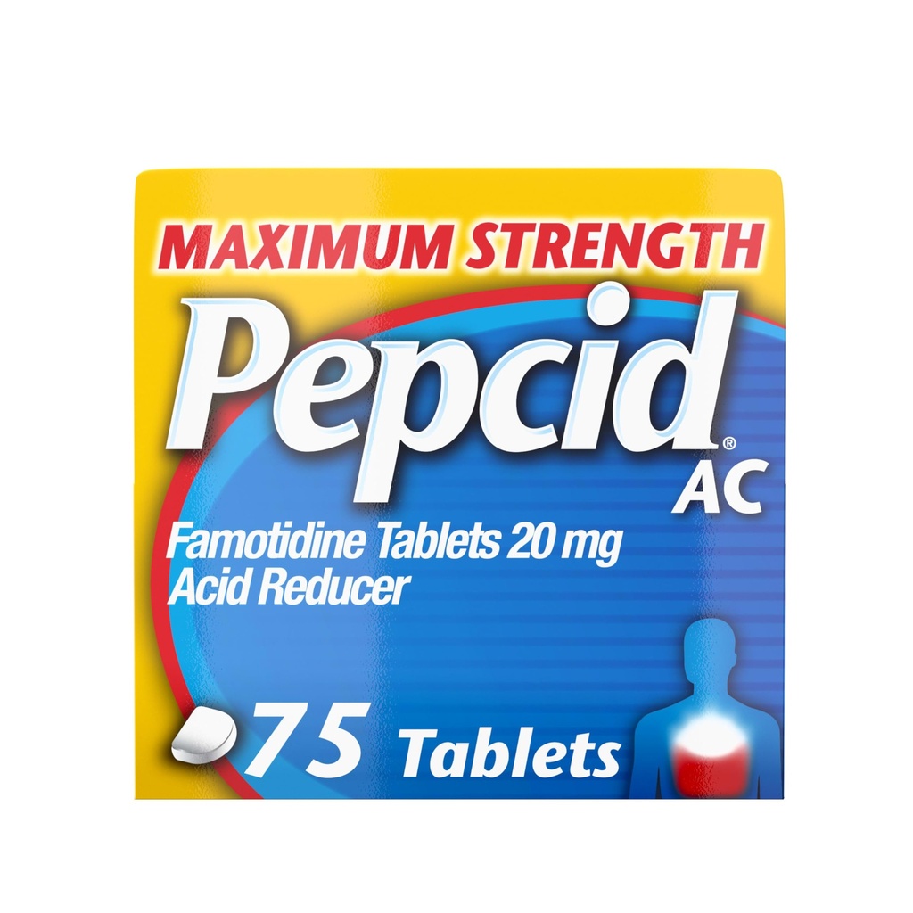 Pepcid AC Maximální síla Heartburn Relief tablety, OTC medicína Prevents & Relieves Heartburn Vzhledem k kyselé požití, 20mg Famotidin Acid Reducer, Fast- acting, 75 Ct