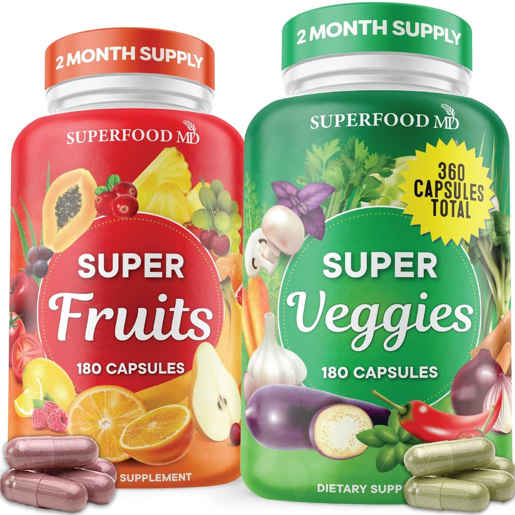 Superfood Ovoce a Veggie Dodatek - 360 Celý Super Ovoce a zelenina doplňky & Vitamin s Beta- karoten, Soy Free- 180 Počet (balení po 2)