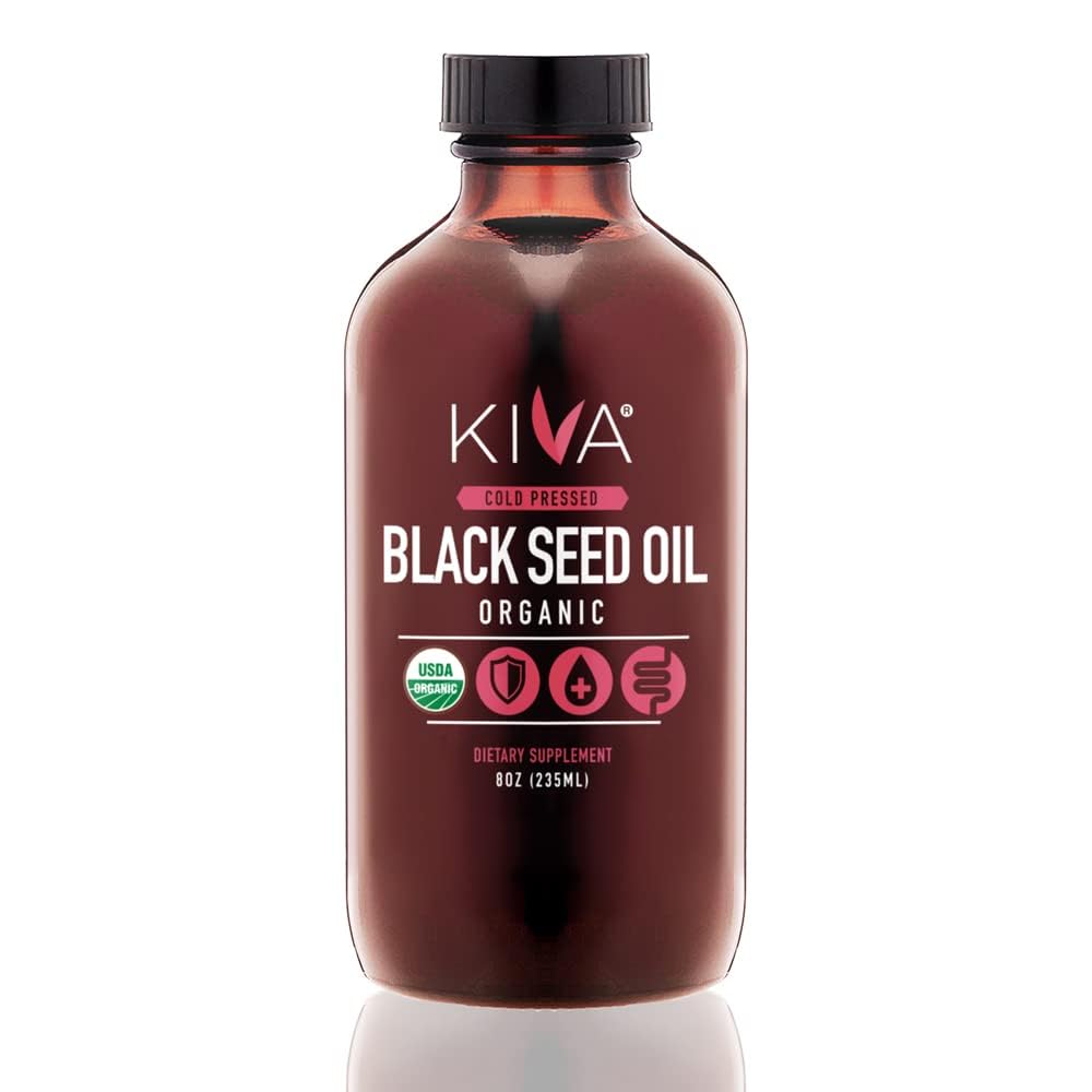 Kiva Organic Black Seed Oil - Ultra High 3X Thymoquinone (TQ), Cold-Pressed, 100% turecký Nigella Sativa Seed Oil, All- Natural Non- GMO Supplement - Vegan, 8 oz (235 ml) skleněná láhev