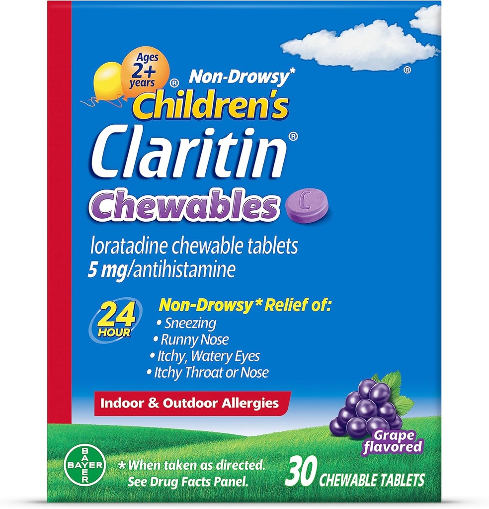 Dětské Claritin Chewables 24 hodinová alergie pomoc, Non Drowsy děti alergie medicína, Grape Antihistamin Žvýkací tablety, 30 Počet