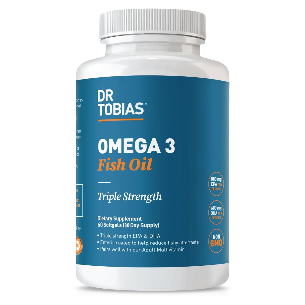 Dr. Tobias Omega 3 Fish Oil, 2000mg Triple Strength s 800mg EPA 600mg DHA per Serving, Fish Oil Omega 3 doplňky pro srdce, Brain & Imunitation Support, 60 Softgels, 30 Servings