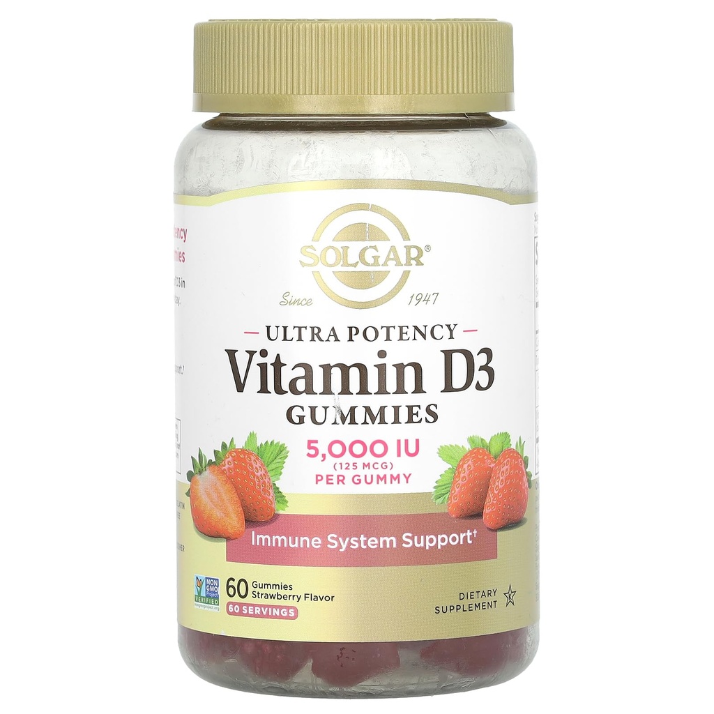 Solgar Vitamin D3 Gummies pro dospělé 5 000IU Ultra potence vitaminový imunitní systém podpora pro ženy a muže - Chutné jahodové aroma, gluten a želatina zdarma Gummy, 2 Měsíční dodávky, 60 Služení, 2g Cukr
