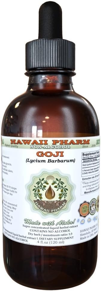 Goji Alcohol- Free Liquid Extract, Organic Goji (Lycium Barbarum) Sušený Berry Glycerite Hawaii Pharm Natural Herbal Dodatek 4 oz