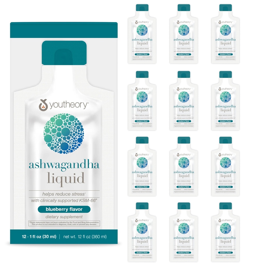 Youtheory Ashwagandha Liquid - používá organické KSM-66 - Bylinné míchání na podporu energetické úrovně a stres Relief * - 12 Single-Serving Packets (12- Day Supply)