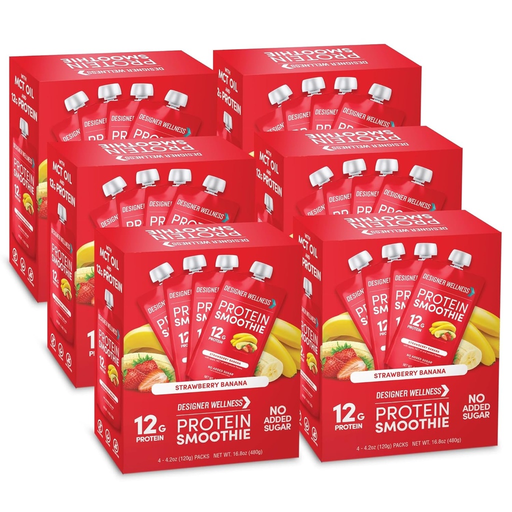 Designer Wellness Protein Smoothie, Real Fruit, 12g Protein, Low Carb, Zero Added Sugar, Gluten- Free, Non- GMO, No umělé barvy nebo aromata, Jahodová banán, 24 Počet