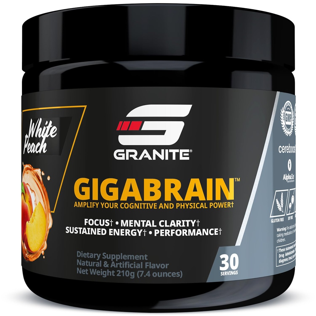 Granitová výživa GigaBrain Nootropní Energy Powder - Cereboot, Alpha-GPC & ElevaTP - Kognitivní Focus Supplement for Setrvalá energie & Performance - White Peach, 30 Servings