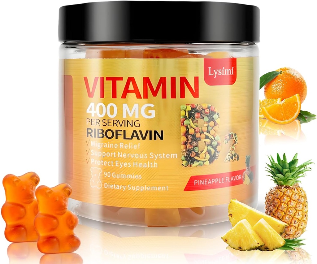 Vitamin B2 Gummies, Vitamin B2 Riboflavin Gummies 400mg s hořčíkem a Coq10, Migréna Relief a bolest hlavy, pro děti a dospělé, 90 Žvýkací gumy (1)