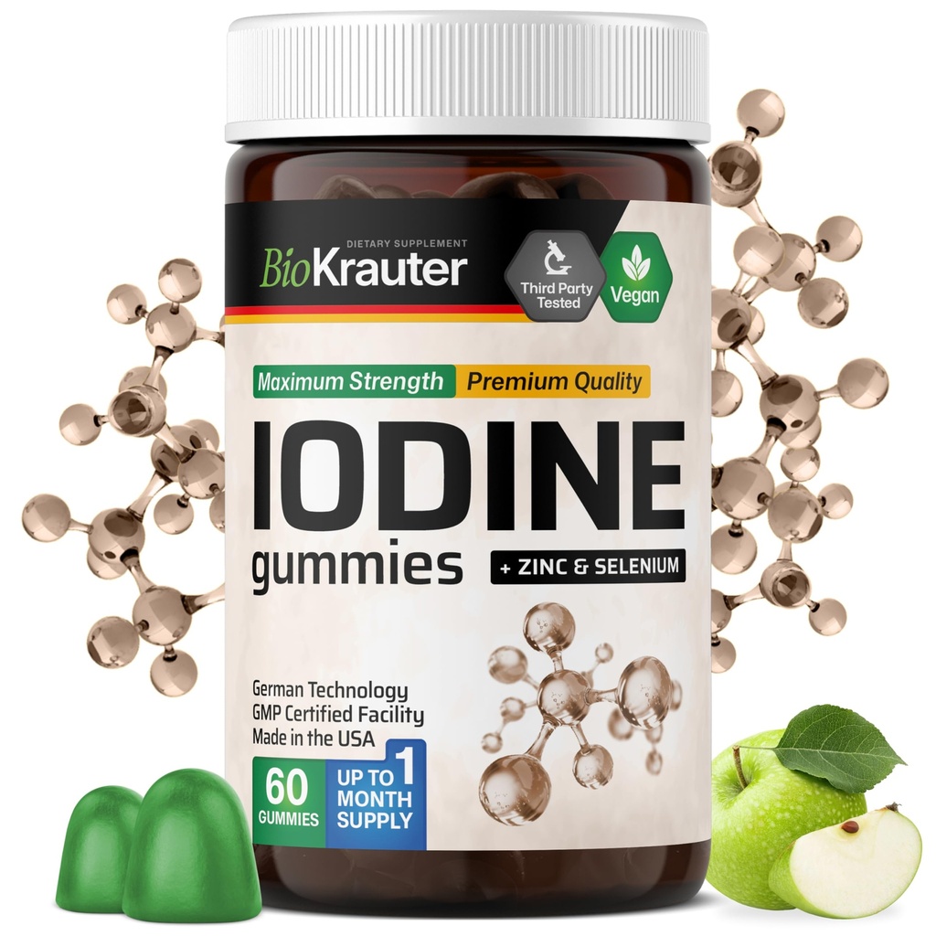 BIO KRAUTER Jod Gummies - 60 Veganských Žvýkaček - 250 mcg Jodidu draselného - Jódový dodatek se Seleniem Zink - Apple Flavor, Pectin- based Chews