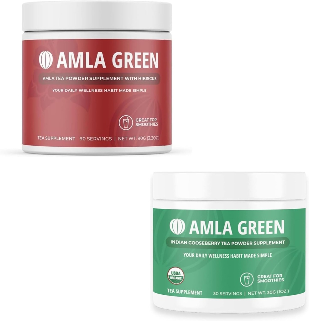 Amla Powder & Green Tea Superfood Dodatek, Antioxidant Support, Made with Hibiscus (90 Servings) & Indian Gooseberry (30 Servings), Organic, Vegan