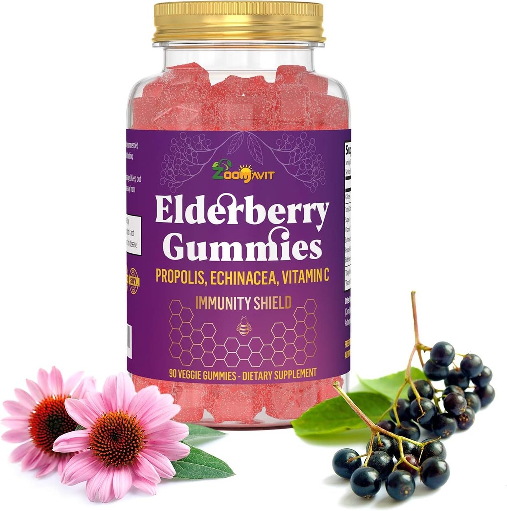 Elderberry Gummies s vitamínem C, Echinacea, Propolis - Imunitní podpora Gummy pro děti, Dospělí - Sambucus Black Elderberry Extract Imunity Booster (90 Počet)