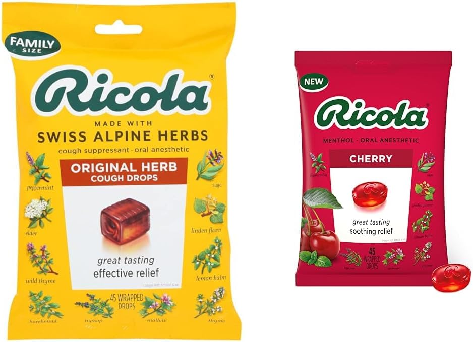 Ricola Original Natural Herb Cough Suppressant Throat Drops, 45 Drops, Fights Coughs Přirozeně, Uklidňuje hrdla, Přirozeně uklidňující & Cherry Throat Drops, 45 Počet