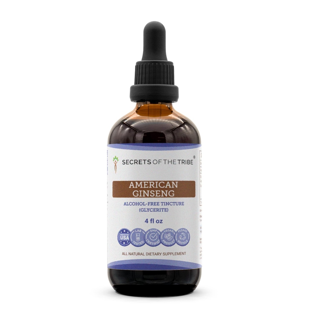 Tajemství Tribe American Ginseng Tincture Alcohol- Free Extract, Farm Grown American Ginseng (Panax Quincefolius) Sušený kořenový tinktura dodatek (4 FL OZ)