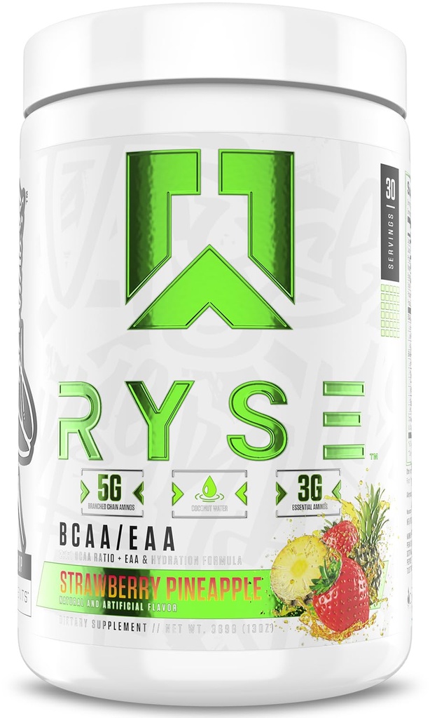RYSE BCAA EAA Powder - Jahodový ananas - 5g Aminové aminokyseliny s rozvětveným řetězcem, 3g esenciální aminos, Sugar- Free Electrolytes for Pre & Post Workout Muscle Recovery, Hydratace a síla - 30 Služeb