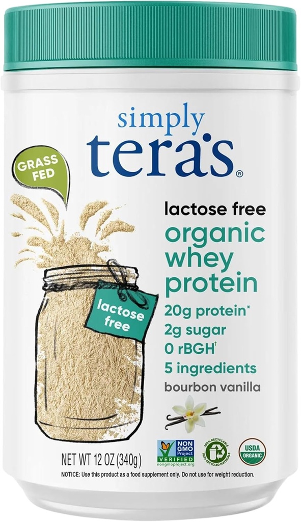 jednoduše tera laktóza zdarma organická syrovátka prášek - laktóza zdarma, vanilka, 20g protein per Serving, Non- GMO, gluten- Free, rBGH-Free, Kosher - 12 Oz.