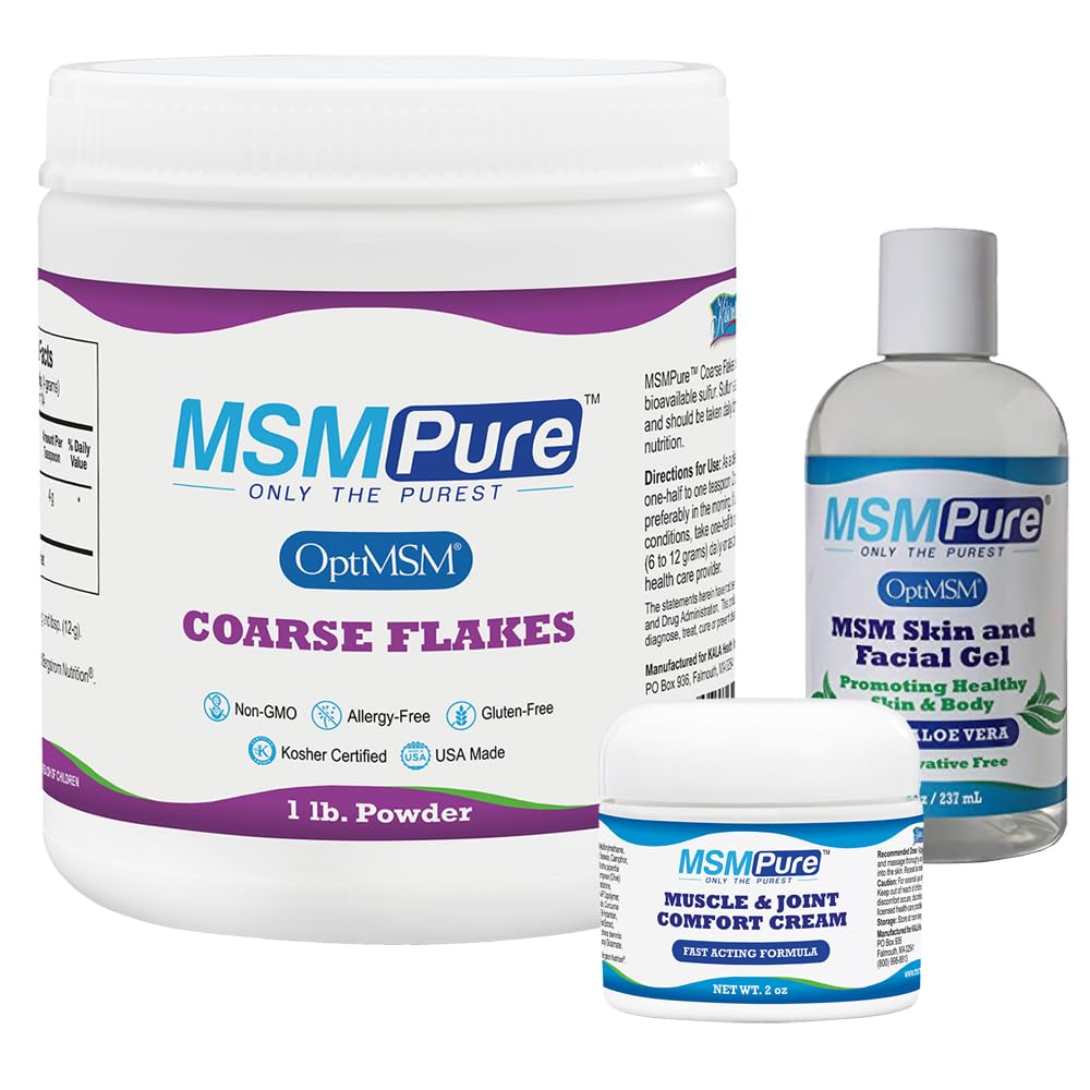 KALA ZDRAVOTNÍ MSMPure Starter Bundle s MSM Coasse Flakes 1lb, MSM Muscle & Joint Cream 2oz a MSM gel s organickou aloe 8oz